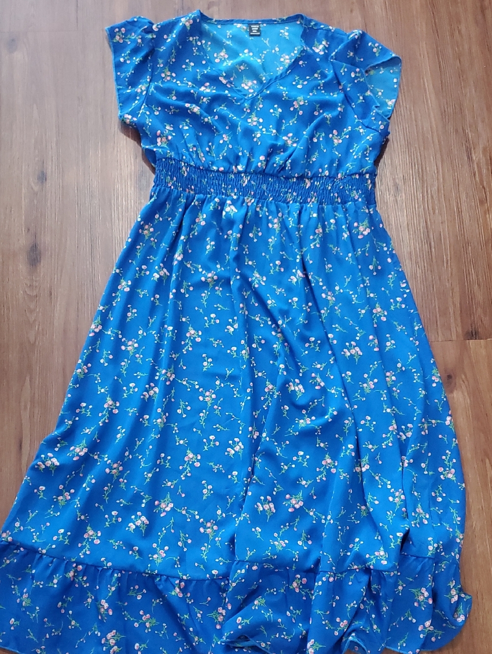 Blue Floral Womens Dress with Smocked Waist
